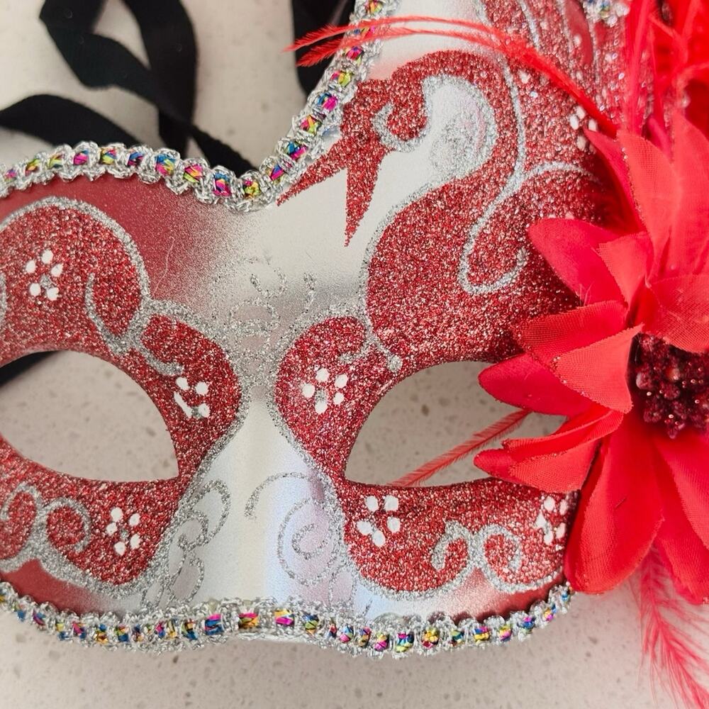 Venetian Style Red Silver Masquerade Mask Feather Flower Plaster Finish
